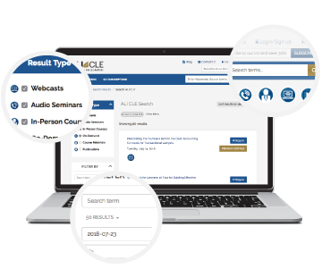 Laptop screen with circular magnified areas highlighting new search filter options and content-type icons