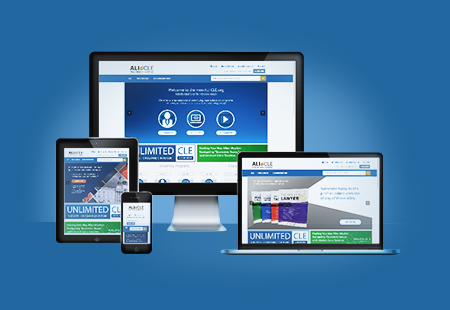 Views of the ALI CLE home page on multiple divices including a desktop computer, laptop, tablet, and mobile phone device